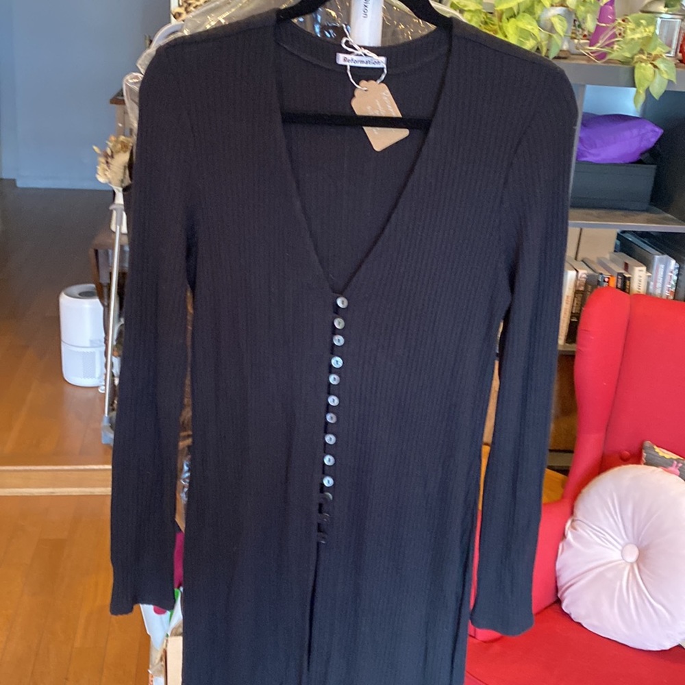 Reformation, ribbed shirt/long cardigan